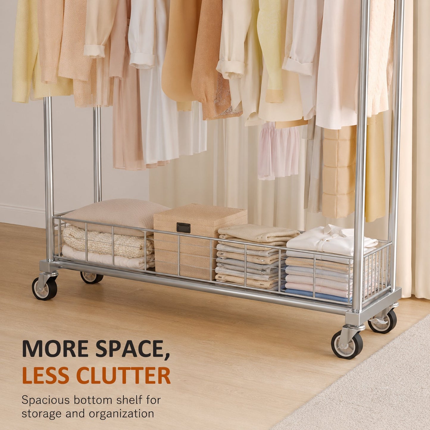 Heavy Duty Double Rod Clothing Rack, Adjustable Rolling Garment Rack with Wheels, 670LBS Load Capacity, Portable Clothes Rack for Bedroom Laundry Closet, Silver