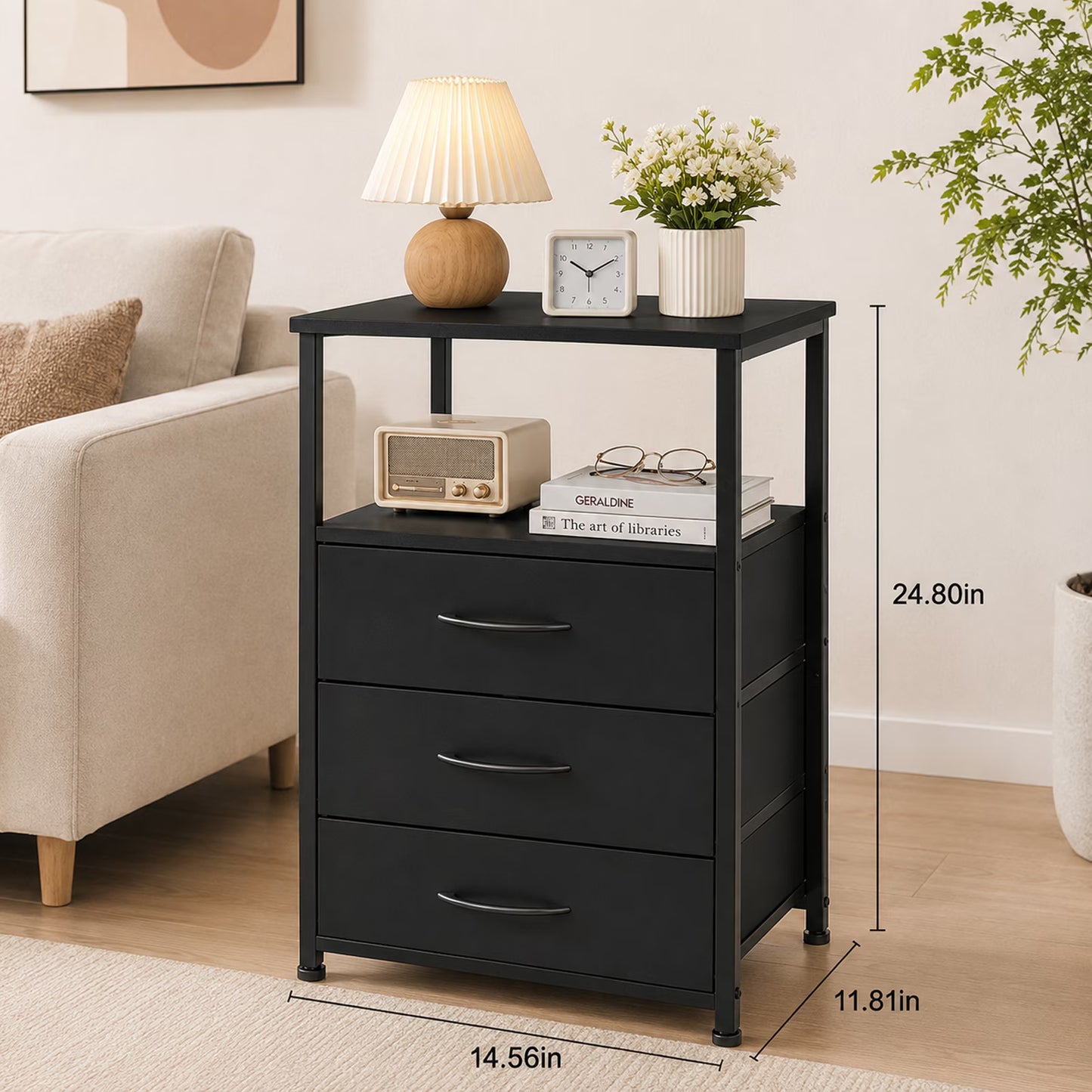 Wooden Nightstand with LED Light, 3 Drawers, 2-Tier Shelf & Charging Station, Bedside Table for Home & Office