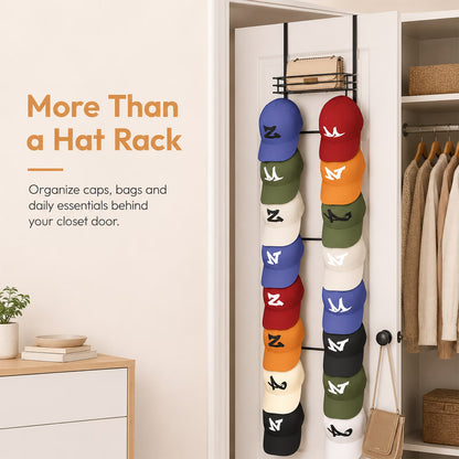 Over the Door Purse Organizer with 16 Hooks — Wall-Mounted Handbag Rack with Metal Basket, Closet Storage for Bags, Hats & Accessories