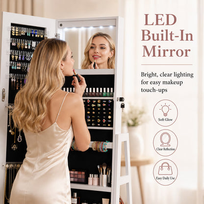 5-In-1 Jewelry Organizer With Drawer, Hanging Jewelry Organizer With Led Lights, 360° Swive Full Length Mirror, 15.83 x 14.96 x 64.96 Inches, Gift for Women, White
