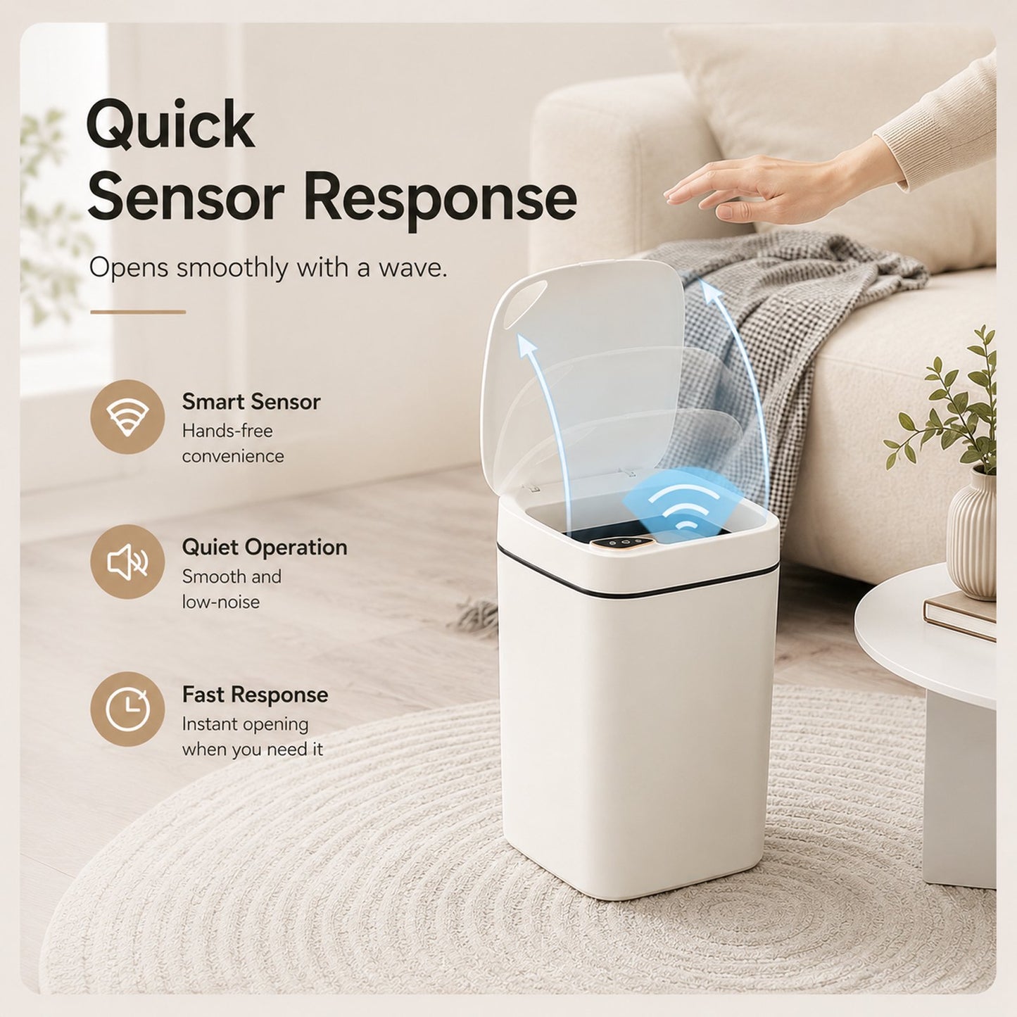 Smart Trash Can with Motion Sensor, 16L Rechargeable Touchless Bin, Quiet Close Lid with 3 Opening Modes for Kitchen, Bathroom and Bedroom (White)