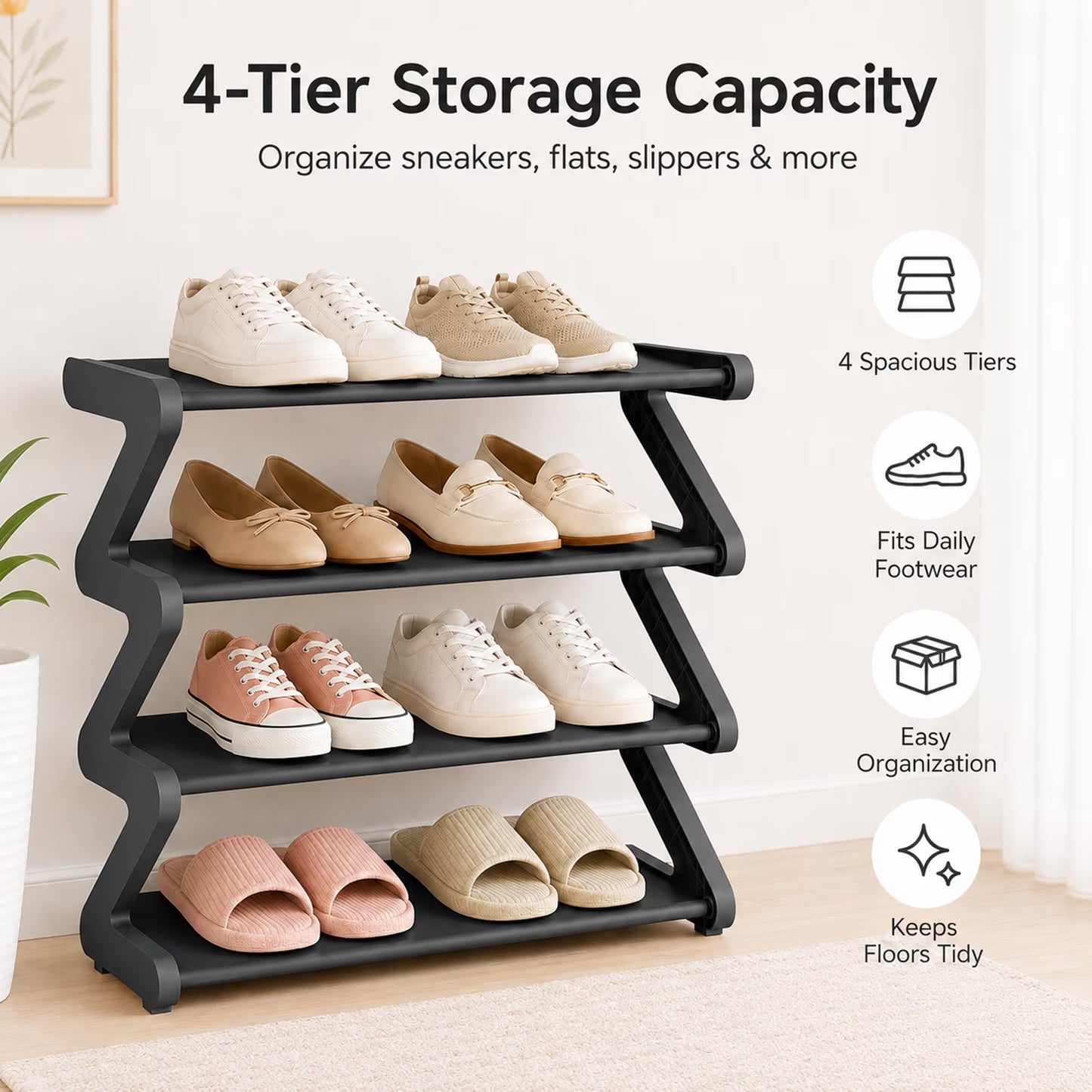 4-Tier Z-Shaped Shoe Rack, Freestanding Plastic Shoe Storage Organizer with Gold Connectors, Stackable Shoe Shelf for Entryway Closet Living Room, Black