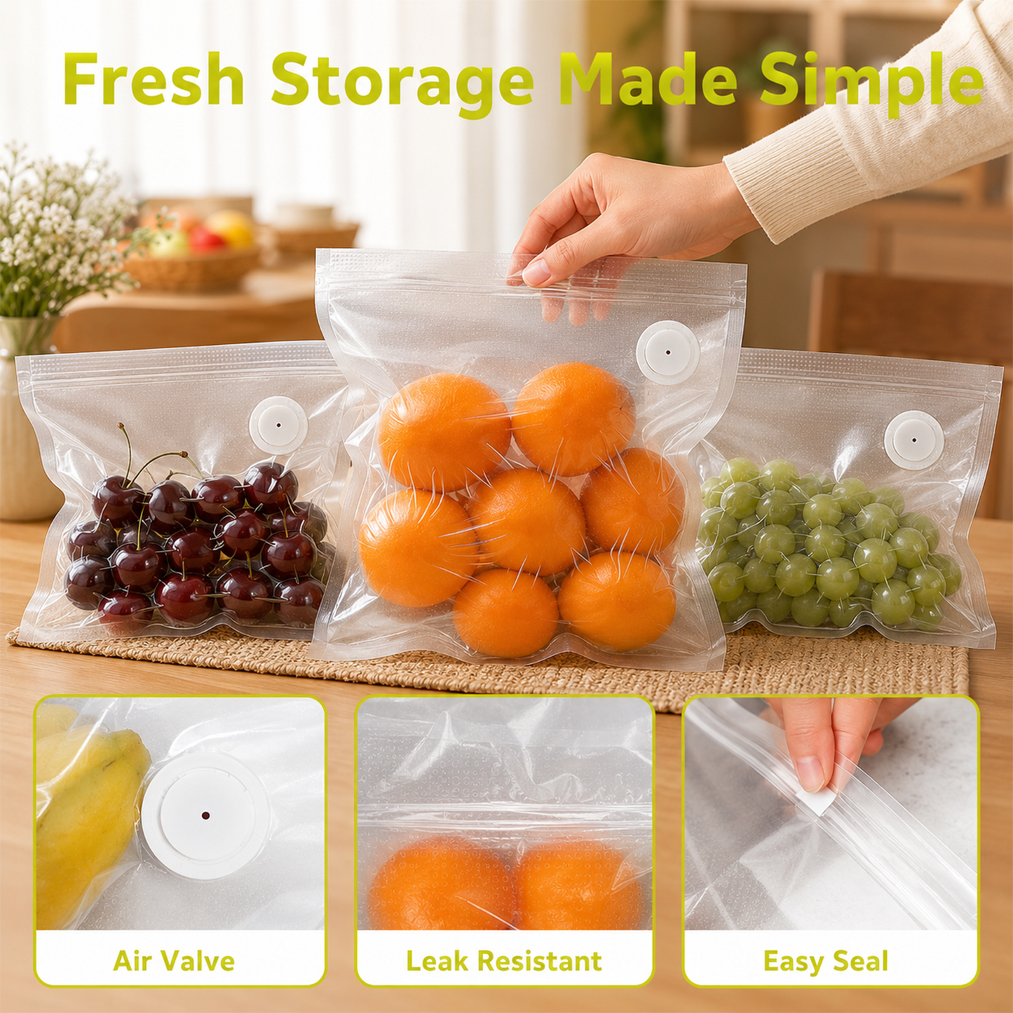 60 PCS Vacuum Sealer Bags for Food, Reusable Vacuum Seal Bags with Air Valve, Double Zipper Seal & Sealing Clips, Clear Vacuum Storage Bags for Kitchen Food Storage, 20 L + 20 M + 20 S