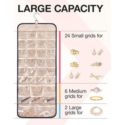 Hanging Jewelry Organizer, Double-Sided Jewelry Holder with Metal Hooks, Large Black Storage Roll for Closet Wall Door, 14 X 33 inch
