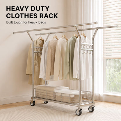 Heavy Duty Double Rod Clothing Rack, Adjustable Rolling Garment Rack with Wheels, 670LBS Load Capacity, Portable Clothes Rack for Bedroom Laundry Closet, Silver