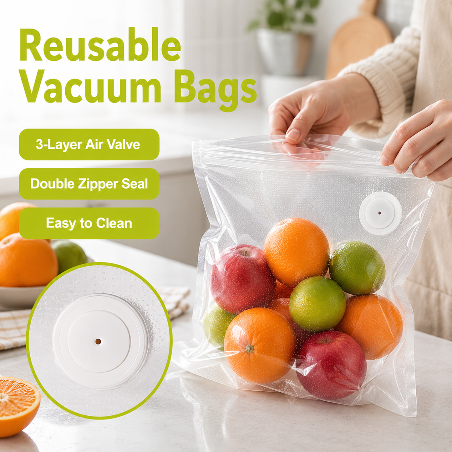 60 PCS Vacuum Sealer Bags for Food, Reusable Vacuum Seal Bags with Air Valve, Double Zipper Seal & Sealing Clips, Clear Vacuum Storage Bags for Kitchen Food Storage, 20 L + 20 M + 20 S