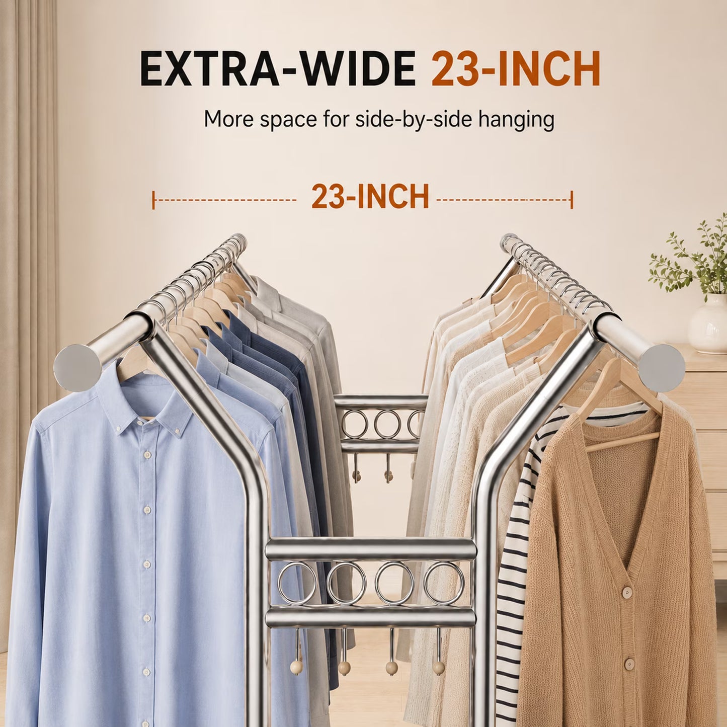 Heavy Duty Double Rod Clothing Rack, Adjustable Rolling Garment Rack with Wheels, 670LBS Load Capacity, Portable Clothes Rack for Bedroom Laundry Closet, Silver