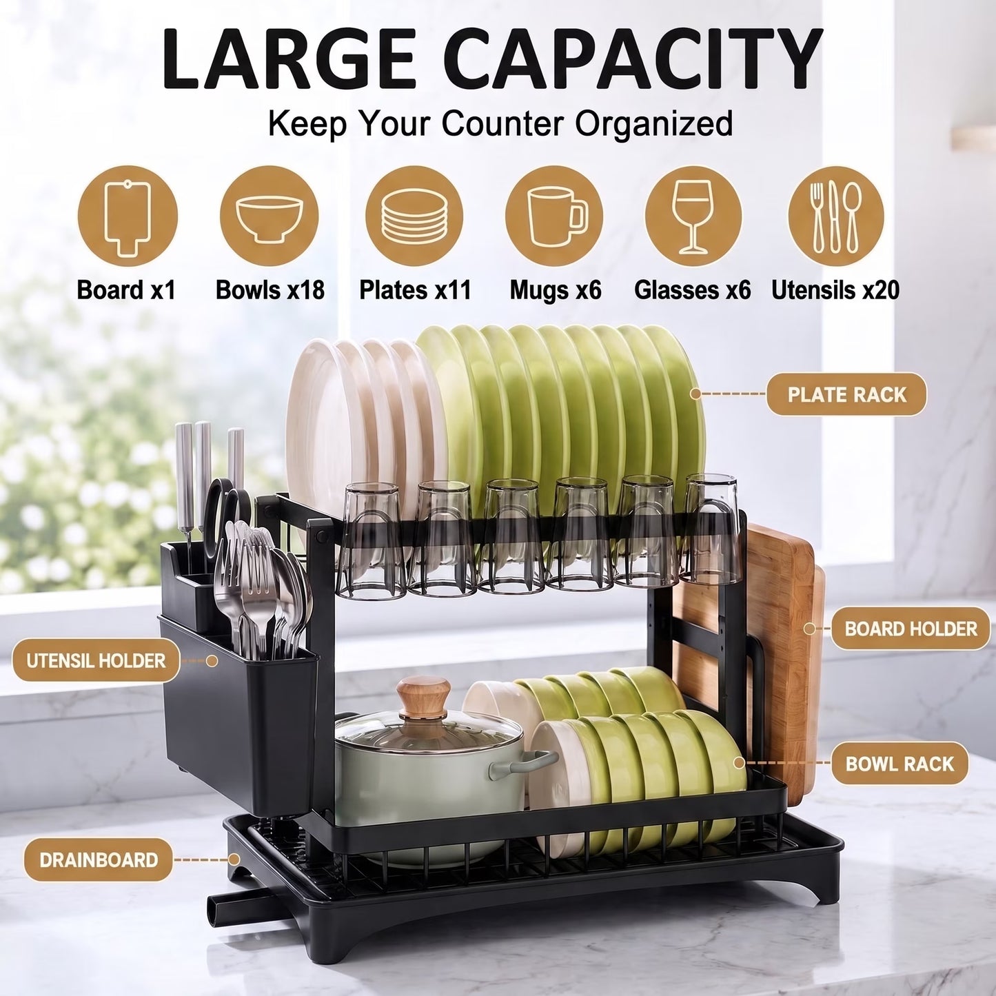 2-Tier Dish Drying Rack for Kitchen Counter, Stainless Steel Dish Drainer with Swivel Spout, Utensil Holder & Cutting Board Rack, Large Capacity Space Saver
