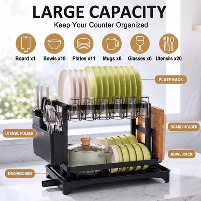 2-Tier Dish Drying Rack for Kitchen Counter, Stainless Steel Dish Drainer with Swivel Spout, Utensil Holder & Cutting Board Rack, Large Capacity Space Saver