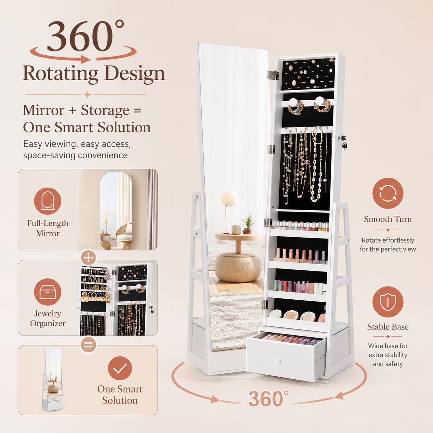 5-In-1 Jewelry Organizer With Drawer, Hanging Jewelry Organizer With Led Lights, 360° Swive Full Length Mirror, 15.83 x 14.96 x 64.96 Inches, Gift for Women, White