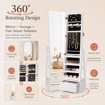 5-In-1 Jewelry Organizer With Drawer, Hanging Jewelry Organizer With Led Lights, 360° Swive Full Length Mirror, 15.83 x 14.96 x 64.96 Inches, Gift for Women, White
