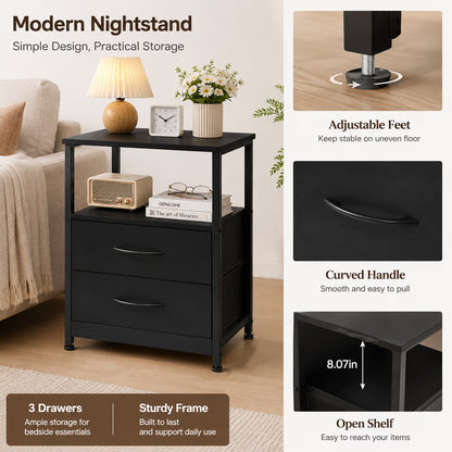 Wooden Nightstand with LED Light, 3 Drawers, 2-Tier Shelf & Charging Station, Bedside Table for Home & Office