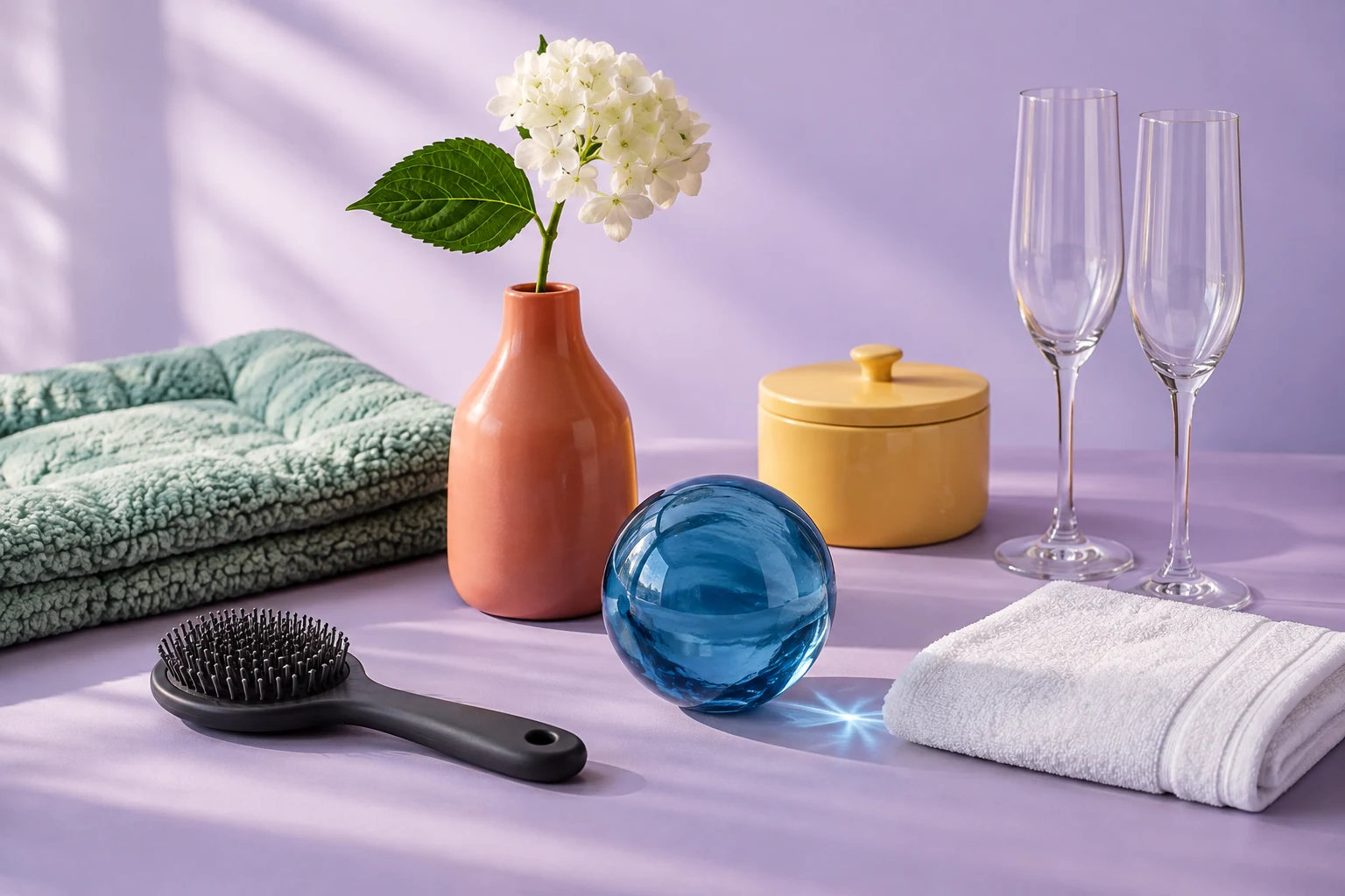 Colorful glass, decor, storage, bath and pet accessories on a lilac studio table
