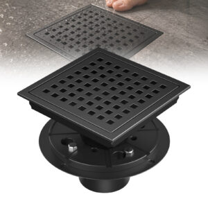 6 Inch Square Shower Drain in Black SUS304 Stainless Steel, 2 Inch Outlet