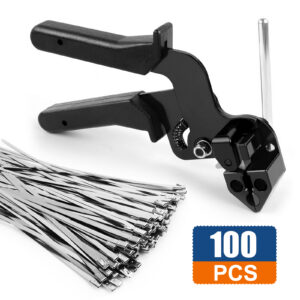 Stainless Steel Cable Tie Gun Kit with 100pcs 11.8inch Heavy Duty Metal Zip Ties, Self-Locking Steel Cable Ties for Fence Exhaust Pipe Farm and Outdoor Use