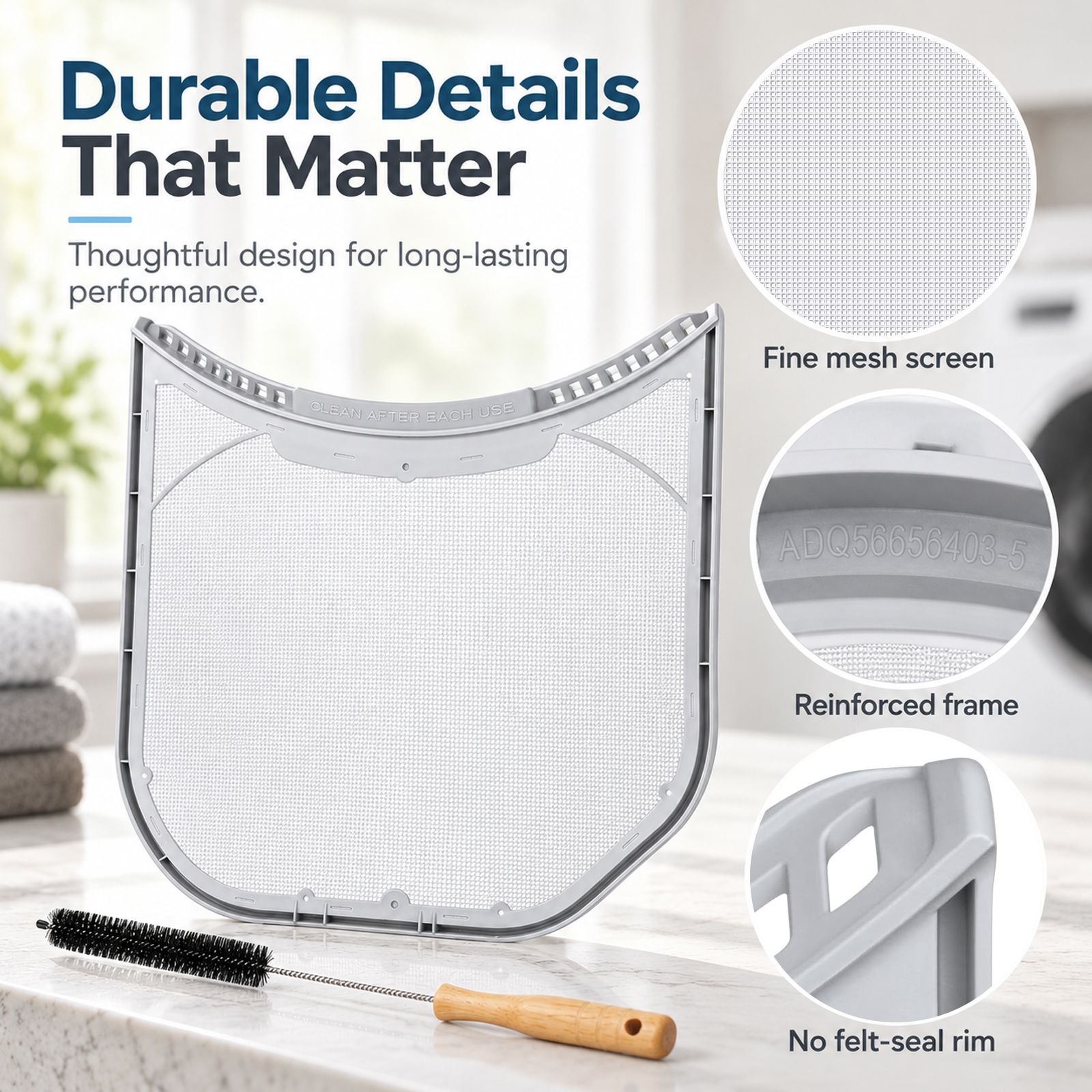 Dryer Lint Filter Replacement ADQ56656403, Durable Lint Screen Trap for Dryers & WashTowers, No Felt Seal Rim, Includes Lint Brush - Image 5