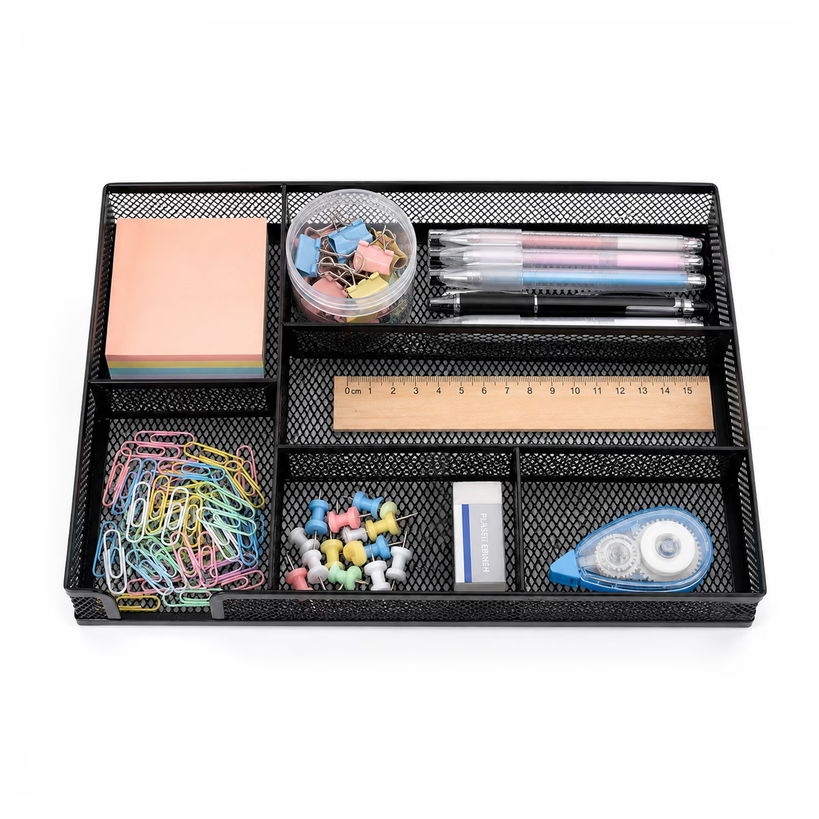 Desk Drawer Organizer, Black Metal Mesh Organizer Tray with 6 Fixed Compartments, Office Pencil Drawer Organizer for Desk Accessories, Bathroom, Kitchen and Home Storage