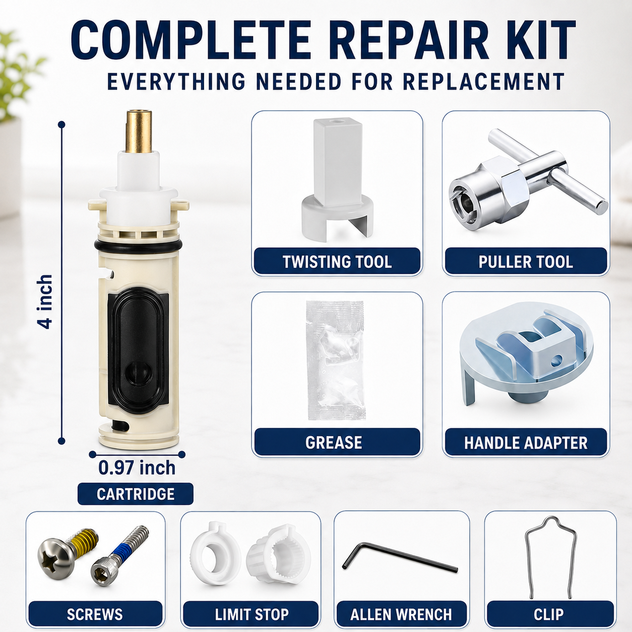 1222 Replacement Cartridge Kit Compatible with Moen 1222, Shower Faucet Cartridge, Pressure Balance Cartridge, 104421 Puller, Handle Adapter & Temp Limit Stop, Fix Leaks, Drips, Temp & Stiff Handle - Image 2