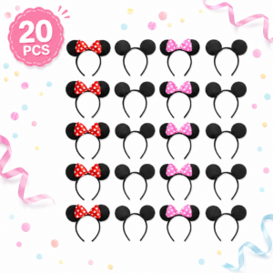 20 Pack Black Headband Set with Red and Pink Polka Dot Bows, Birthday Party Accessories for Theme Parties, Events and Celebrations