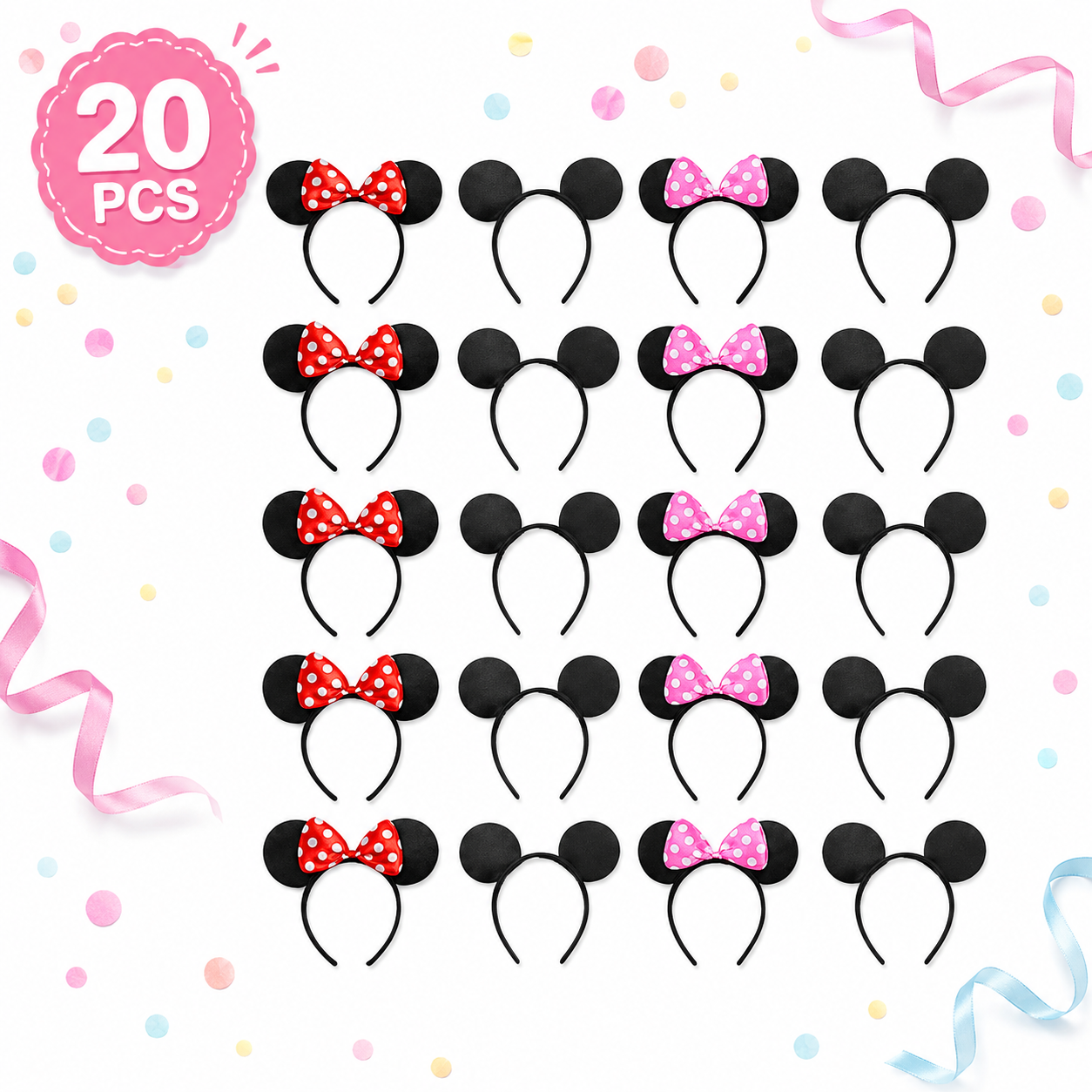 20 Pack Black Headband Set with Red and Pink Polka Dot Bows, Birthday Party Accessories for Theme Parties, Events and Celebrations