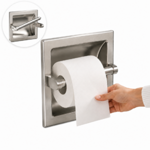 Recessed Toilet Paper Holder, In-Wall Stainless Steel Tissue Dispenser with Pivoting Post, Silver Wall Mount Design for Bathroom, Space-Saving, Easy Roll Replacement, Fits Paper Rolls up to 6 In