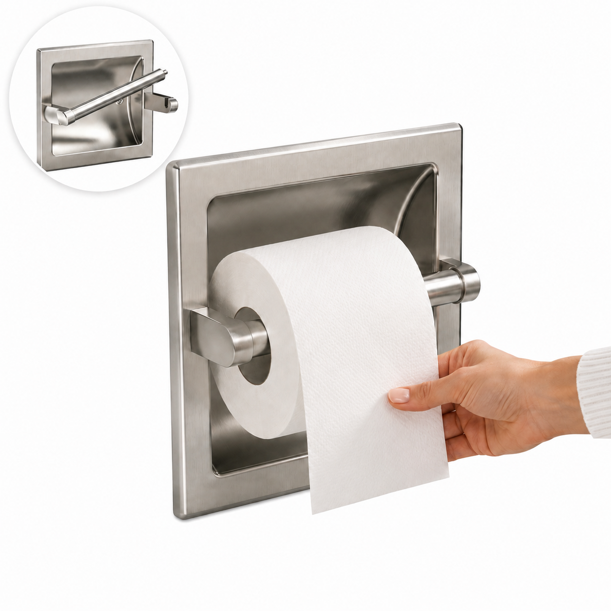 Recessed Toilet Paper Holder, In-Wall Stainless Steel Tissue Dispenser with Pivoting Post, Silver Wall Mount Design for Bathroom, Space-Saving, Easy Roll Replacement, Fits Paper Rolls up to 6 In