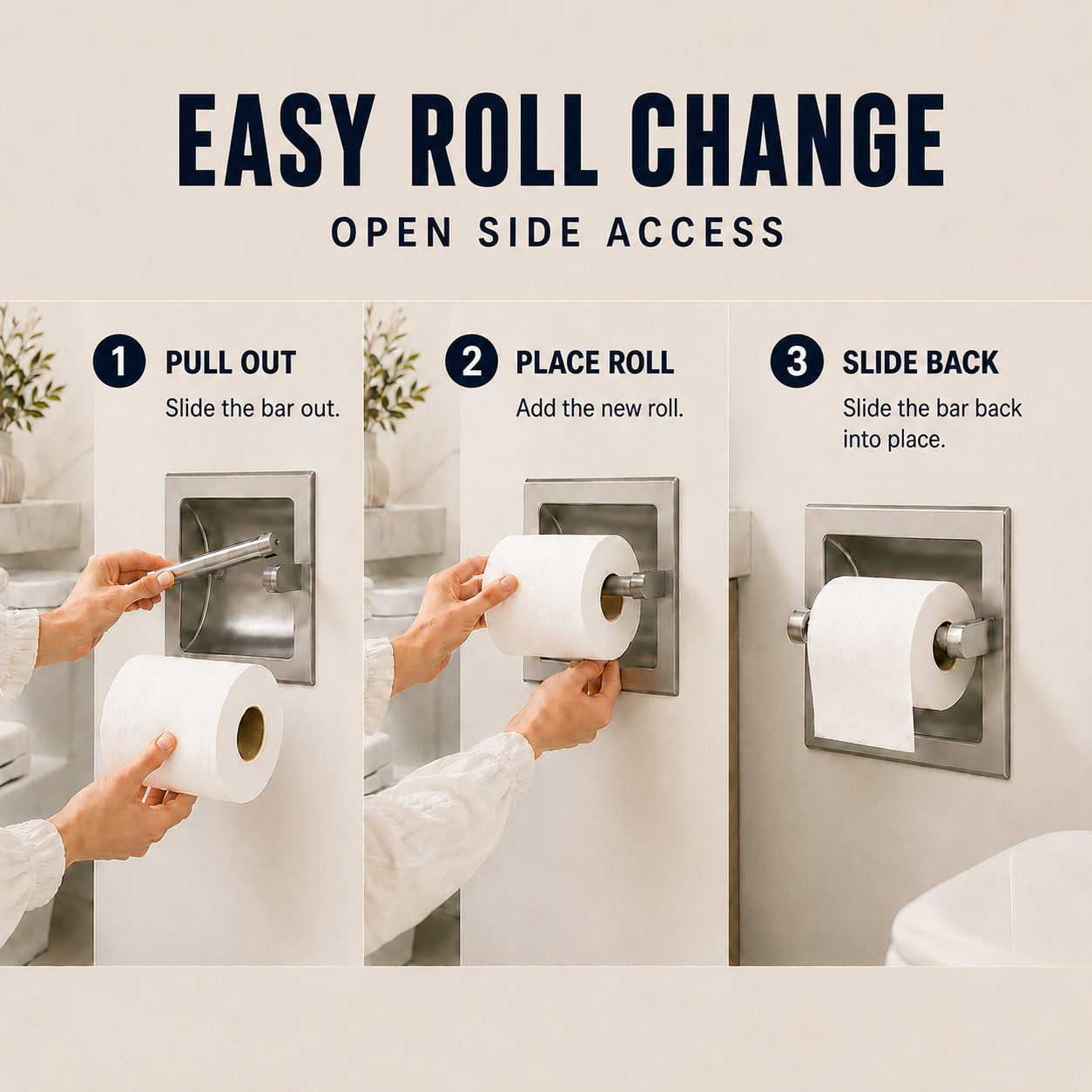 Recessed Toilet Paper Holder, In-Wall Stainless Steel Tissue Dispenser with Pivoting Post, Silver Wall Mount Design for Bathroom, Space-Saving, Easy Roll Replacement, Fits Paper Rolls up to 6 In - Image 2