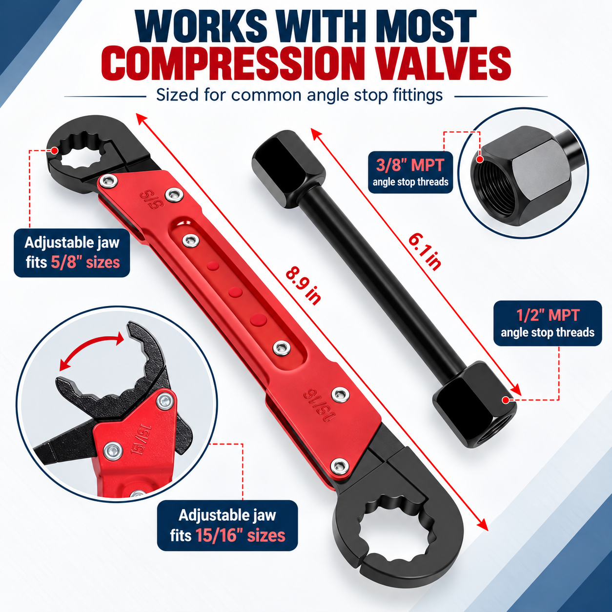 6-Piece Angle Stop Wrench Tool Kit with Angle Stop Wrench, 1/2" Compression Sleeve Puller, Plumbers Wrench, Sandpaper and Storage Bag for Copper Pipe Valve Repair - Image 6