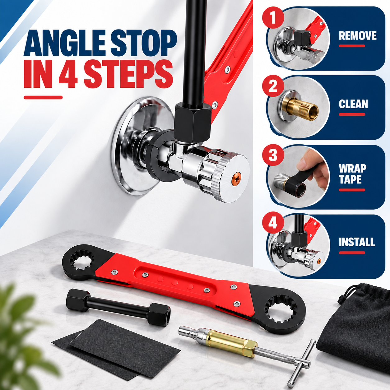 6-Piece Angle Stop Wrench Tool Kit with Angle Stop Wrench, 1/2" Compression Sleeve Puller, Plumbers Wrench, Sandpaper and Storage Bag for Copper Pipe Valve Repair - Image 5